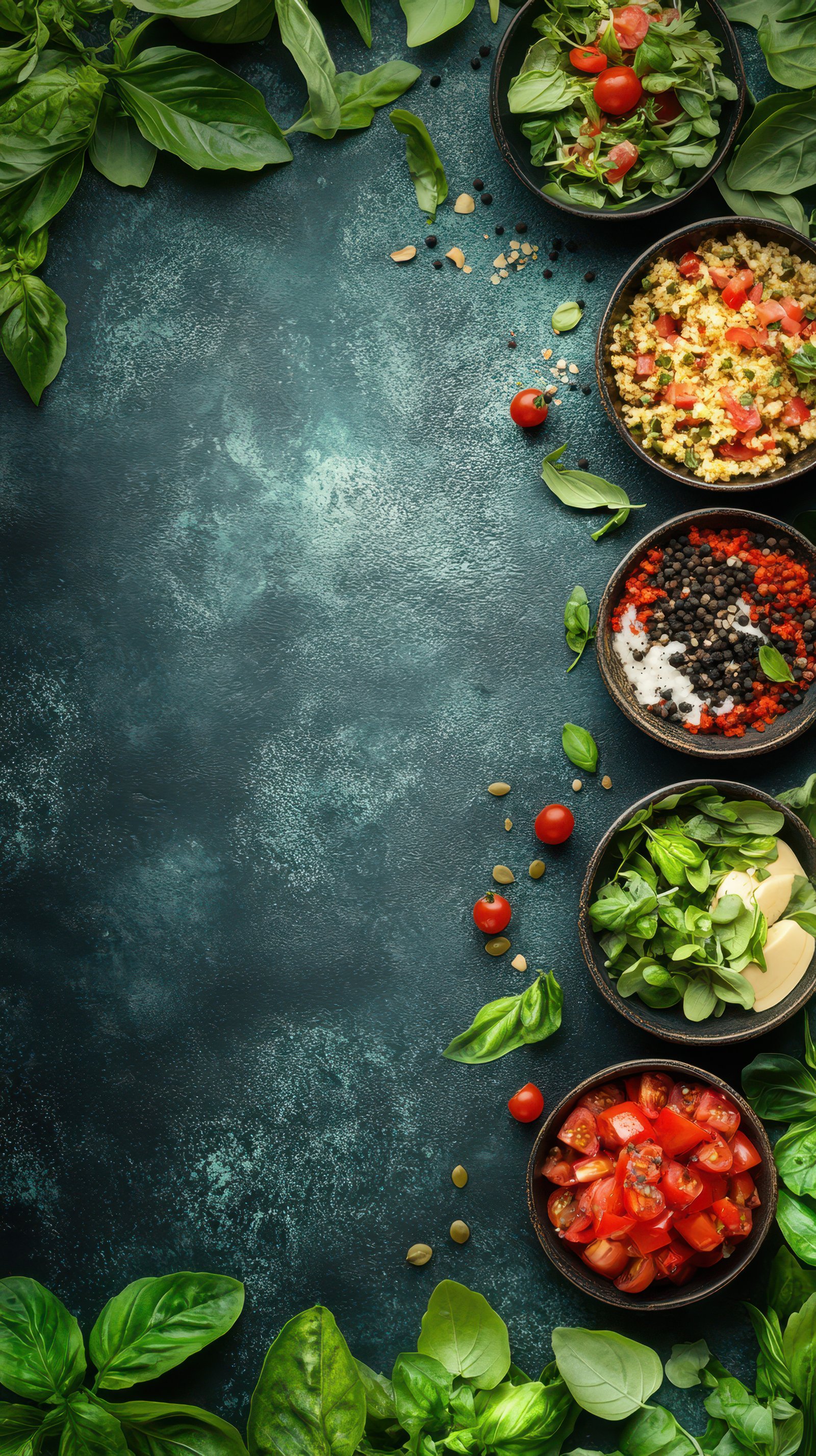 Vibrant selection of fresh ingredients arranged decoratively on a dark table for healthy meal preparation